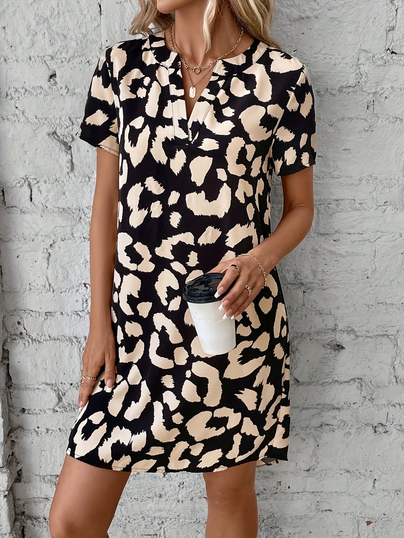 Women's V-Neck Dress - Leopard Print - Short Sleeve Relaxed Fit - Casual Wear
