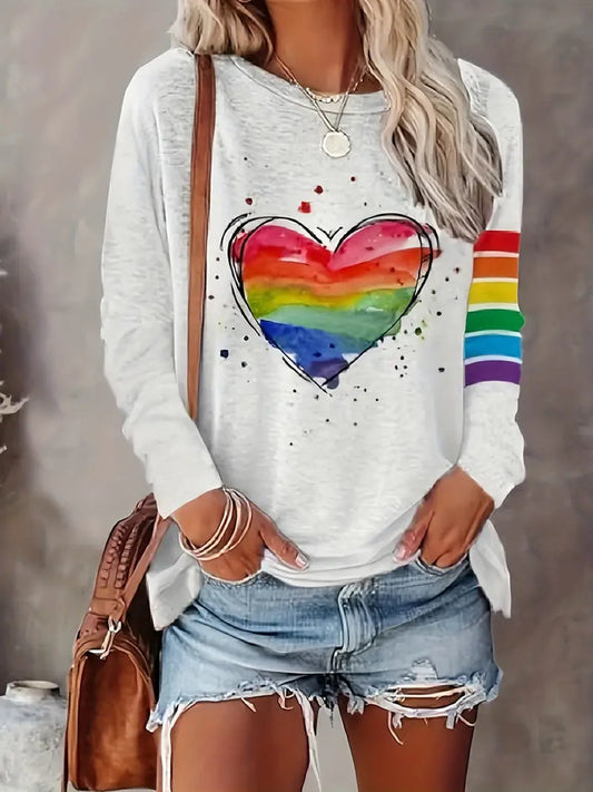 Women’s Casual Top – Relaxed Fit – Cotton Feel – Round Neck – Graphic Sleeve & Heart