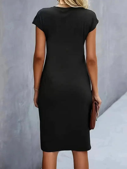 Women's Sheath Dress - Round Neck - Cap Sleeves - Ruched Waist - Fitted Midi Length