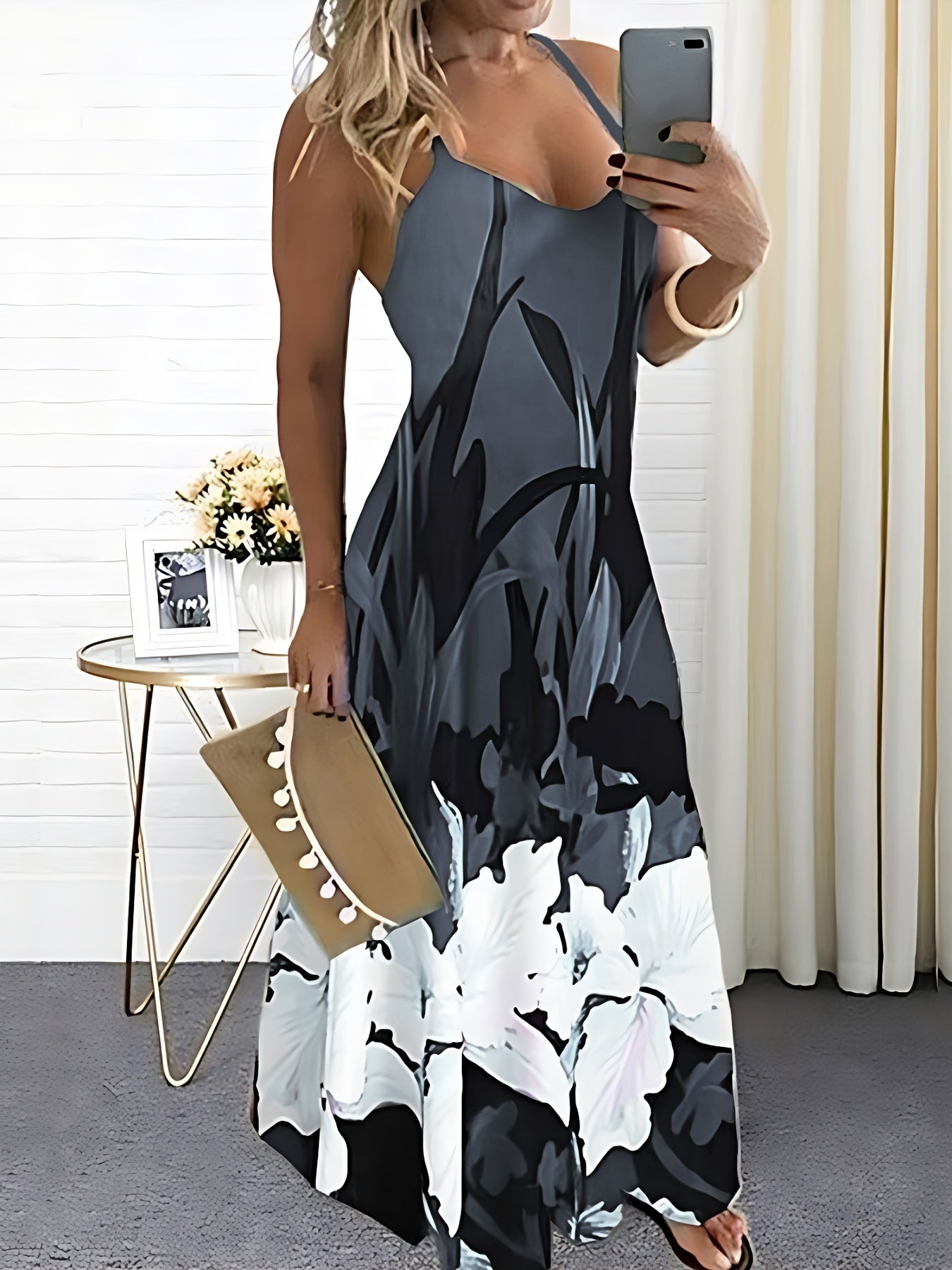 Women's Maxi Dress - Sleeveless Thin Straps - Floral Print - Flowing A-Line Fit