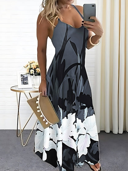 Women's Maxi Dress - Sleeveless Thin Straps - Floral Print - Flowing A-Line Fit