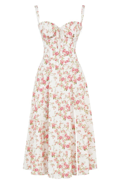 Women's Midi Dress - Floral Print - Sweetheart Neckline - Lace-Up Bust - A-Line Silhouette