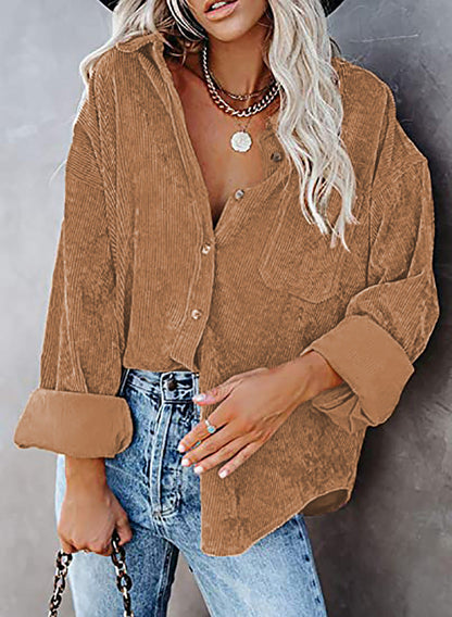 Women’s Button-Up Shirt – Corduroy Texture – Oversized Fit – Casual Hip-Length Style