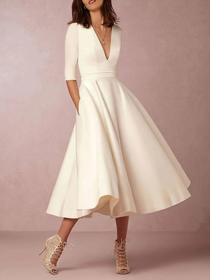 Women’s Midi Dress – Satin-Like Fabric – Fitted Bodice – V-Neck – A-Line Silhouette