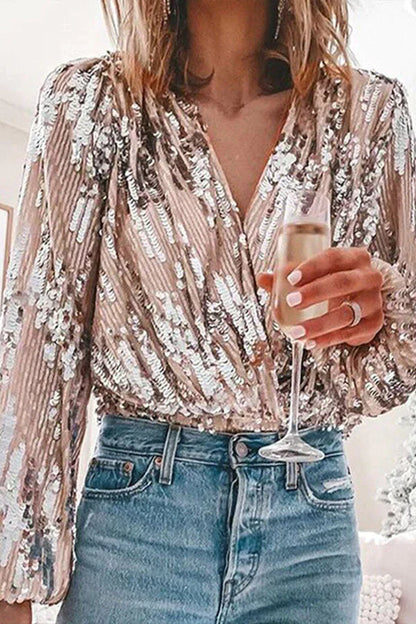 Women’s Blouse – Sequin Embellished – V-Neck – Balloon Sleeves – Draped Fit