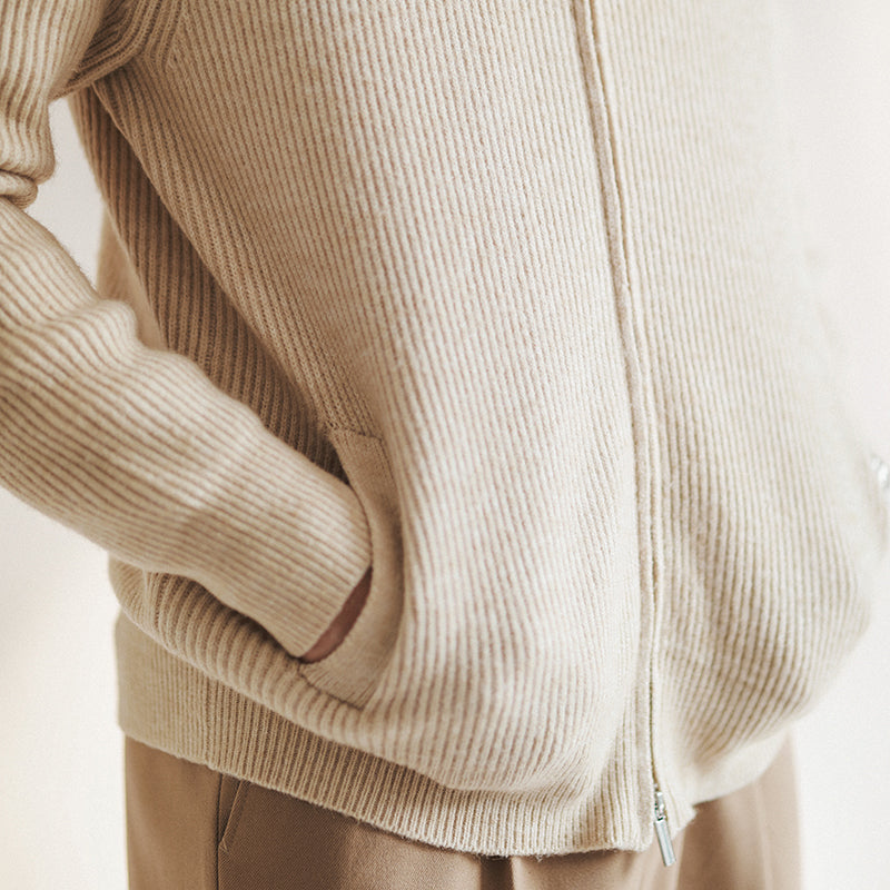 Men’s Cardigan – Slim Fit Wool Blend – Zip Front High Collar Ribbed Knit