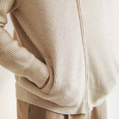 Men’s Cardigan – Slim Fit Wool Blend – Zip Front High Collar Ribbed Knit