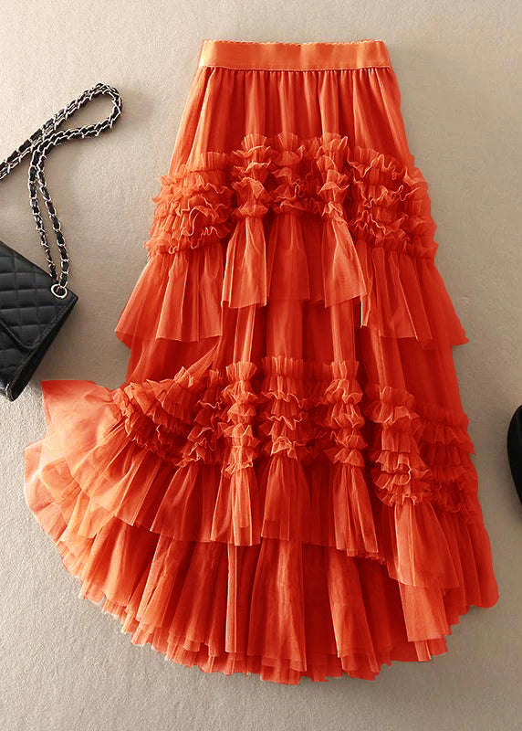 Women’s Midi Skirt – Tulle Fabric – Flared Fit – Asymmetrical Tiered – Ruffle Design