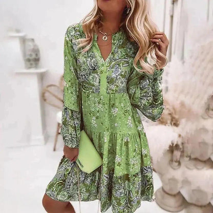 Women’s Dress – A-Line Silhouette – V-Neck – Long Sleeve – Tiered Floral Cotton