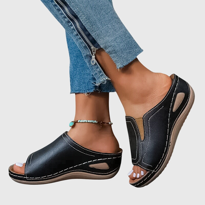 Isla Leather Orthopedic Paneled Open-Toe Sandals | Topstitched Sandals