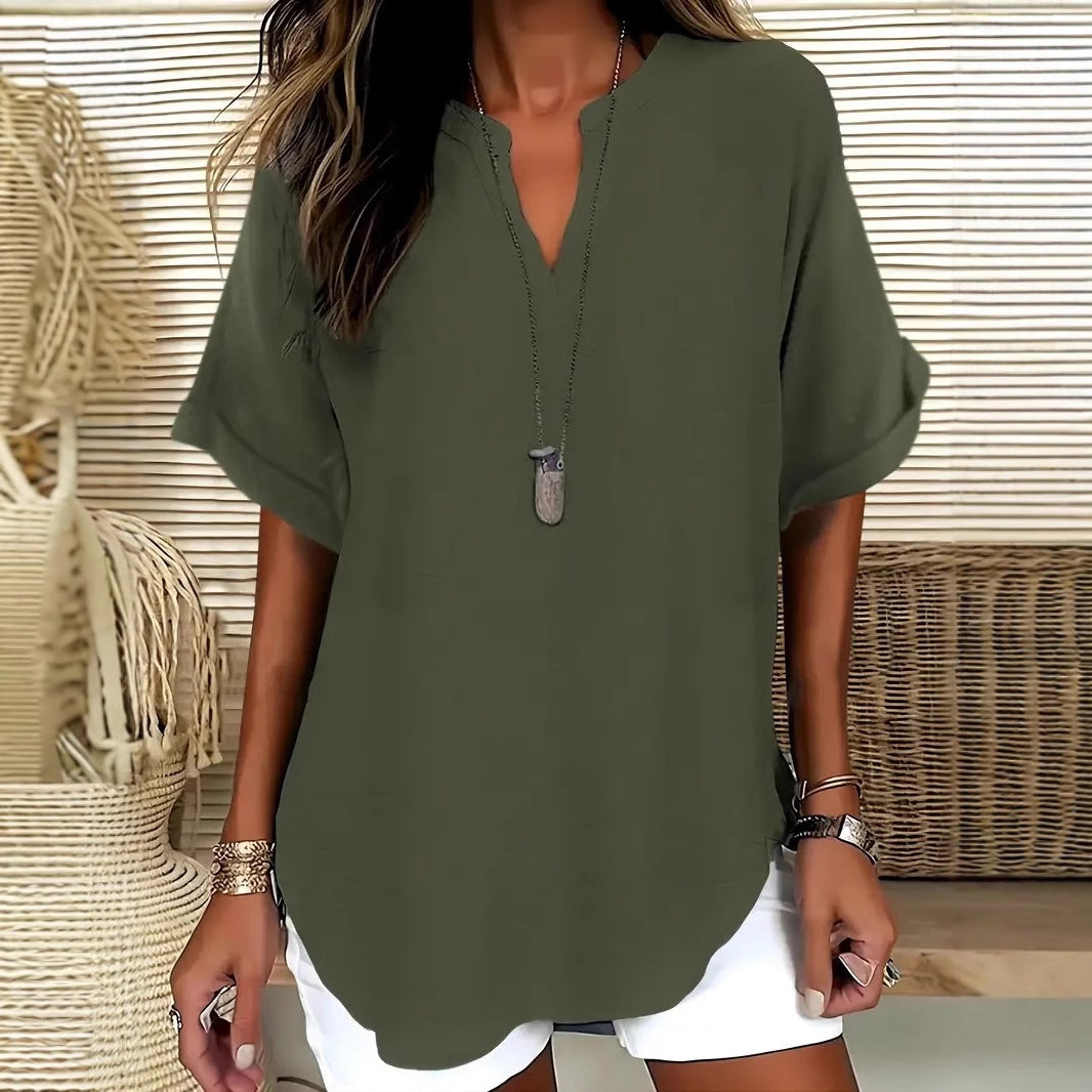 Women’s Blouse – Relaxed Fit – V-Neck – Short Sleeve – Natural Fibers – Casual Style