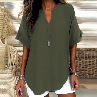 Women’s Blouse – Relaxed Fit – V-Neck – Short Sleeve – Natural Fibers – Casual Style
