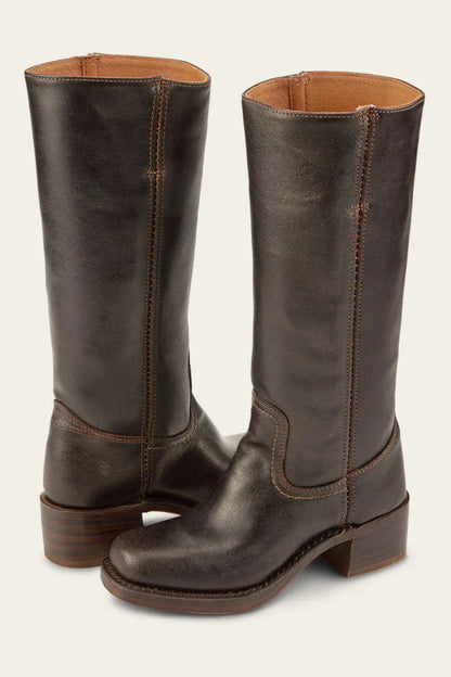 Olivia Mid-Calf Western Boots | Stitched Detailing Stacked Heel Boots