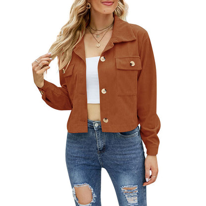 Women’s Corduroy Jacket - Cropped Relaxed Fit - Button-Up - Chest Flap Pockets