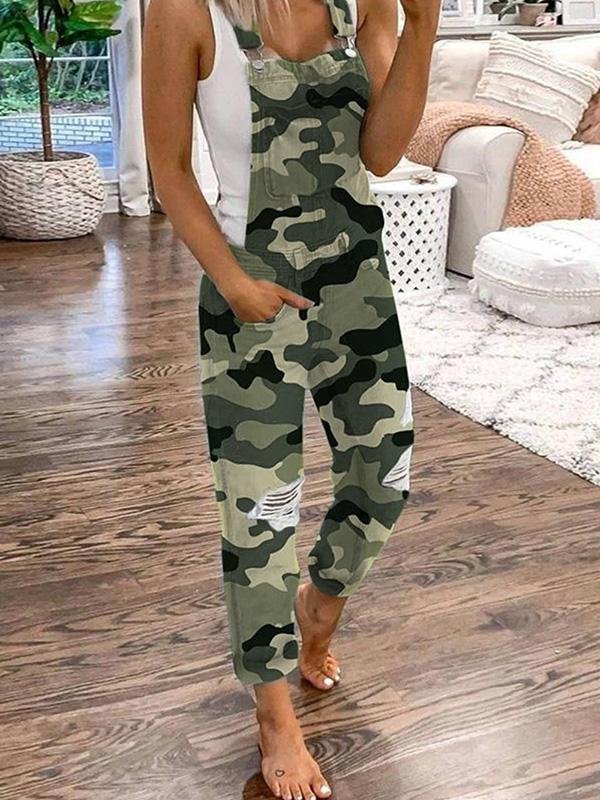 Women’s Overalls – Relaxed Fit – Distressed Denim – Adjustable Straps – Full Length