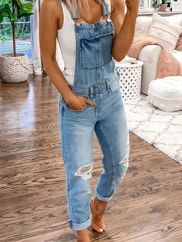 Women’s Overalls – Relaxed Fit – Distressed Denim – Adjustable Straps – Full Length