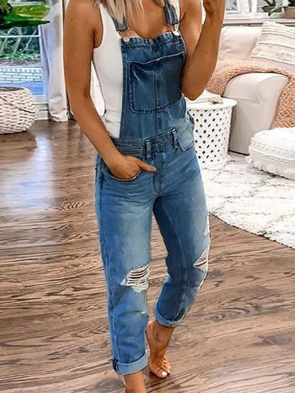 Women’s Overalls – Relaxed Fit – Distressed Denim – Adjustable Straps – Full Length