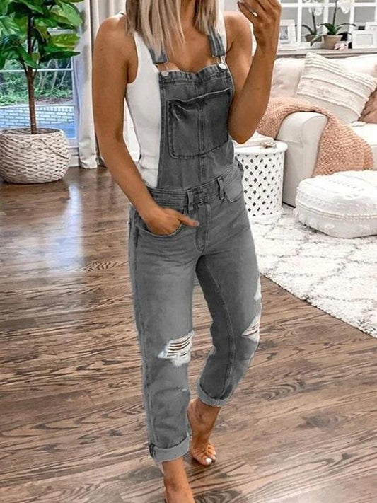 Women’s Overalls – Relaxed Fit – Distressed Denim – Adjustable Straps – Full Length