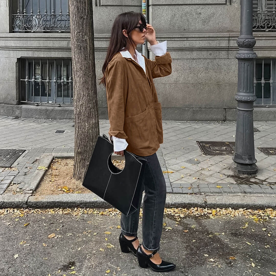 Women’s Shirt Jacket – Relaxed Fit – Suede-Like Fabric – Long Sleeve – Button Front