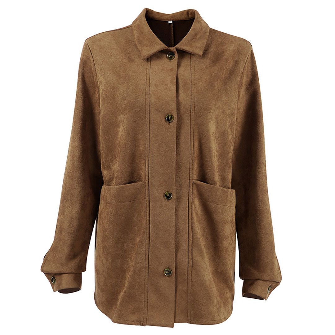 Women’s Shirt Jacket – Relaxed Fit – Suede-Like Fabric – Long Sleeve – Button Front
