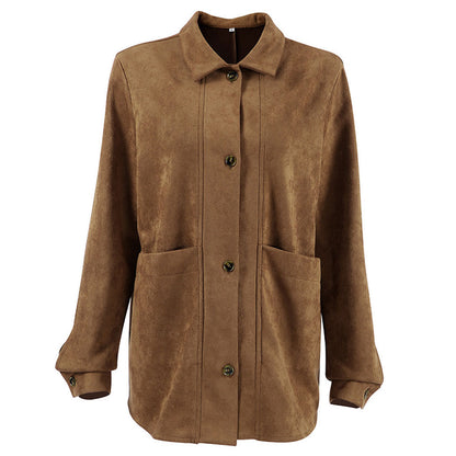 Women’s Shirt Jacket – Relaxed Fit – Suede-Like Fabric – Long Sleeve – Button Front