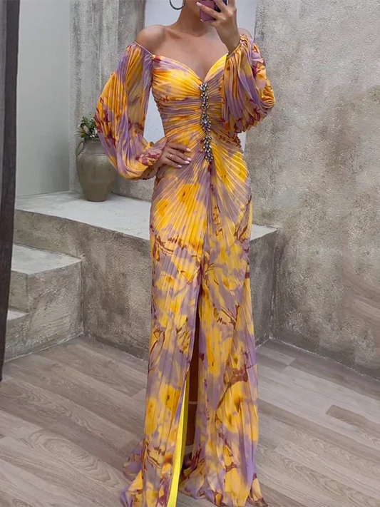 Women’s Evening Dress – Off Shoulder – V-Neck – Ruched Bodice – Luxury Fabric – Full Length