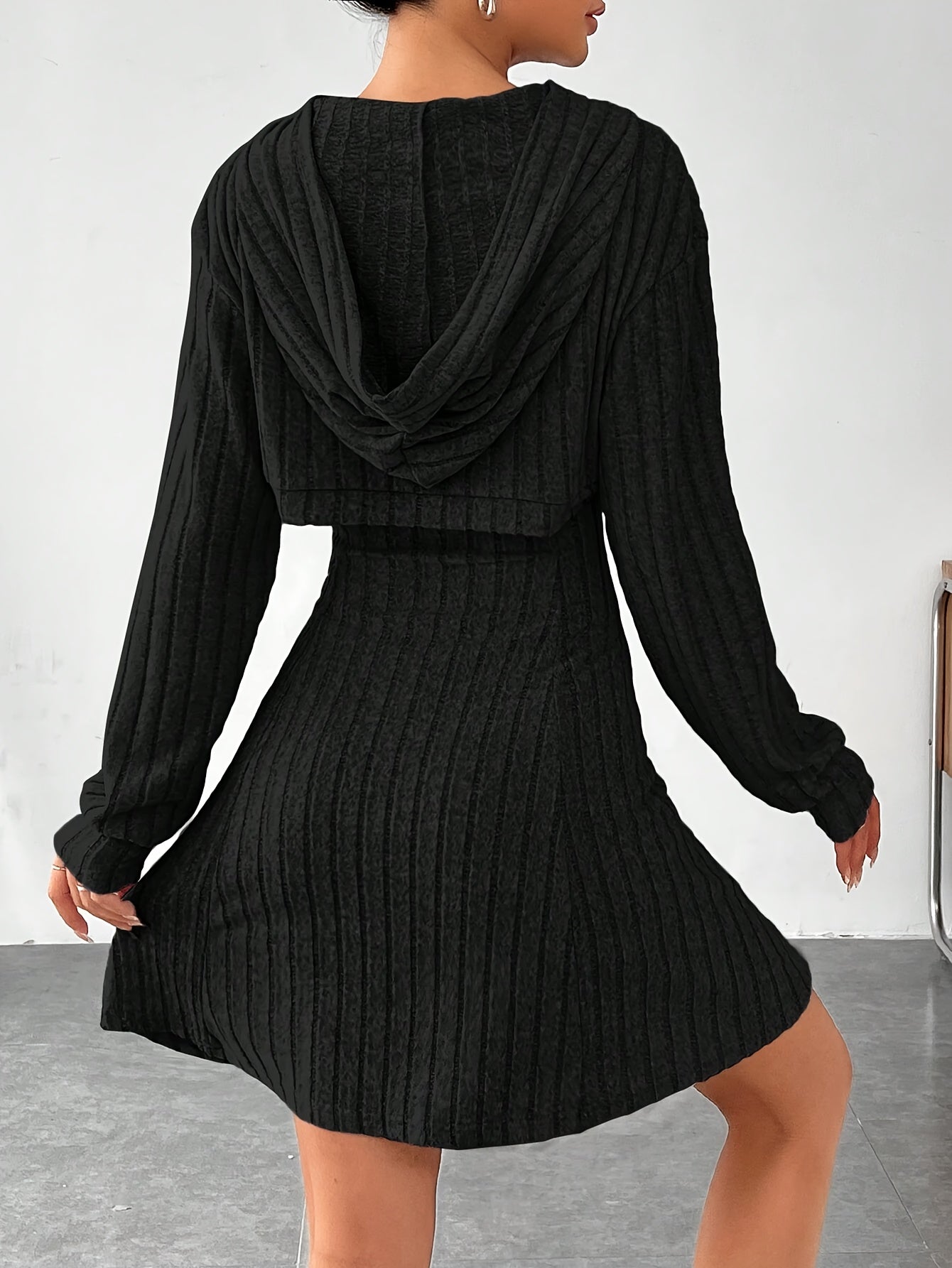 Women's Knit Sweater Dress - Ribbed Texture - V-Neck Cutout - Long Sleeve Mini Fit