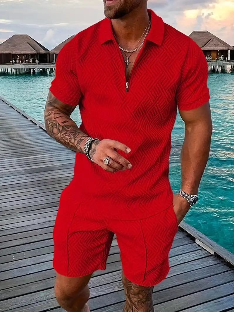 Men’s Polo Shirt and Shorts Set – Slim Fit – Breathable Blend – Zip Placket – Casual Wear