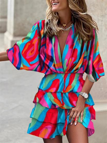 Women's Floral Dress - Short Flowy Design - Deep V-Neck - Ruffled Skirt - Relaxed Fit