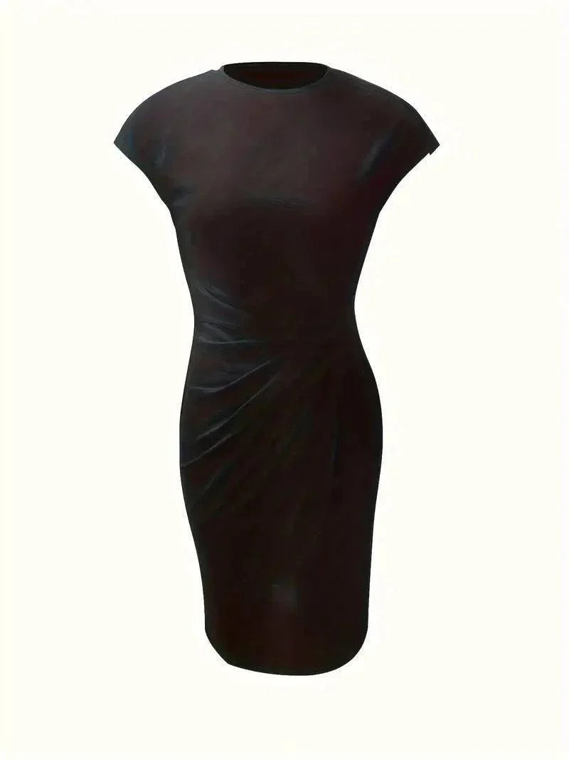 Women's Sheath Dress - Round Neck - Cap Sleeves - Ruched Waist - Fitted Midi Length