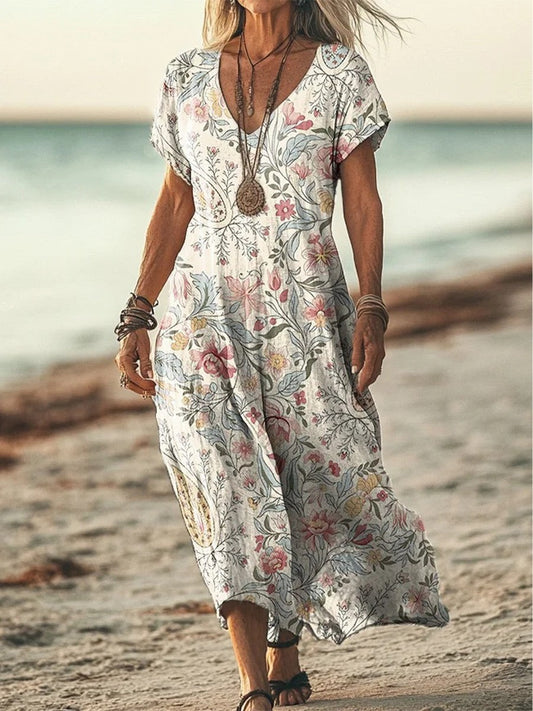 Women’s Maxi Dress – Retro Floral Print – Relaxed Fit – V-Neck – Breathable Blend – Pockets