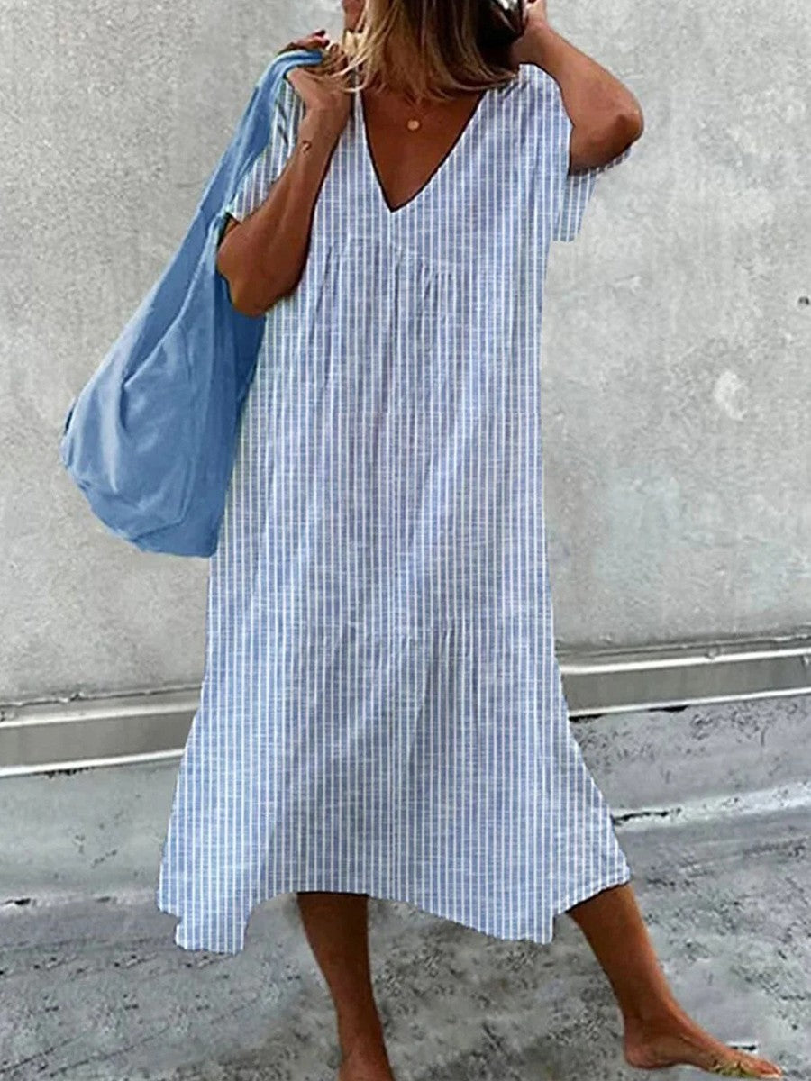 Women’s Midi Dress – Relaxed Fit – V-Neck – Short Sleeve – Striped – Breathable Blend