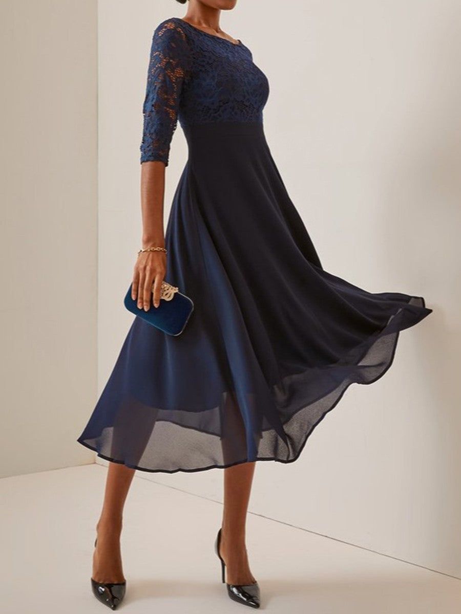Women’s Midi Dress – Lace Bodice – Chiffon A-Line Skirt – Mid Sleeve Formal Fit