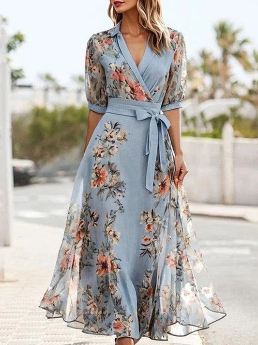 Women’s Midi Dress – Wrap Style – Floral Print – Puff Sleeve – Breathable Blend