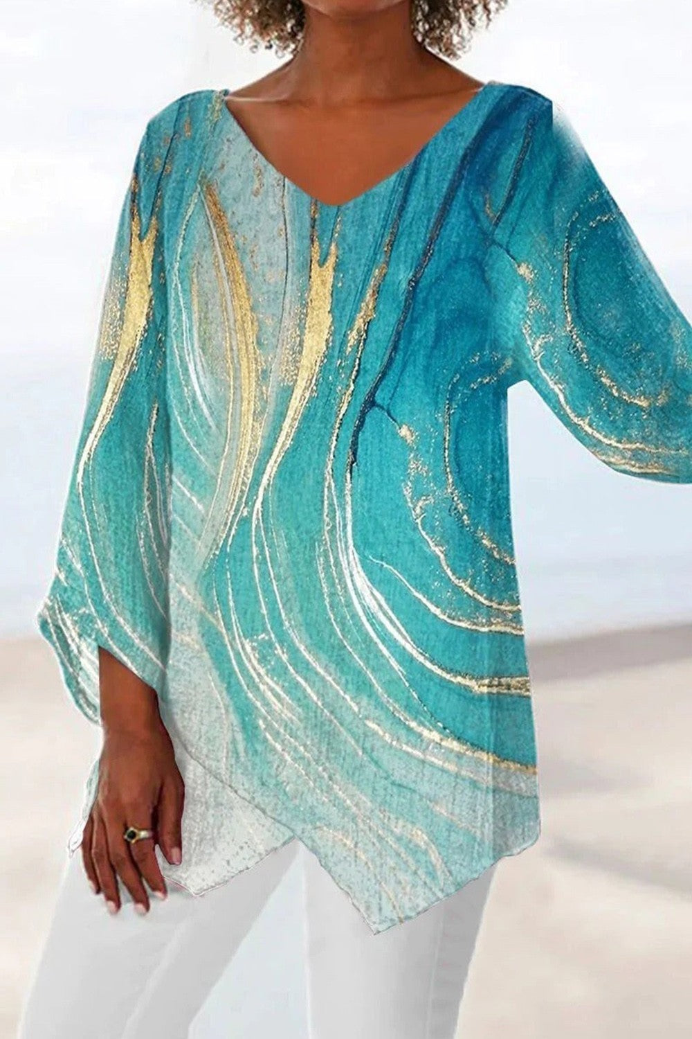 Women’s Blouse – Loose Fit – V-Neck – Marble Print – Breathable Blend – Long Sleeve