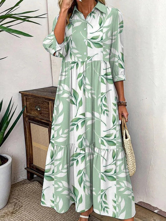 Women’s Maxi Dress – Relaxed Fit – Button Down – 3/4 Sleeve – Tiered Natural Fibers