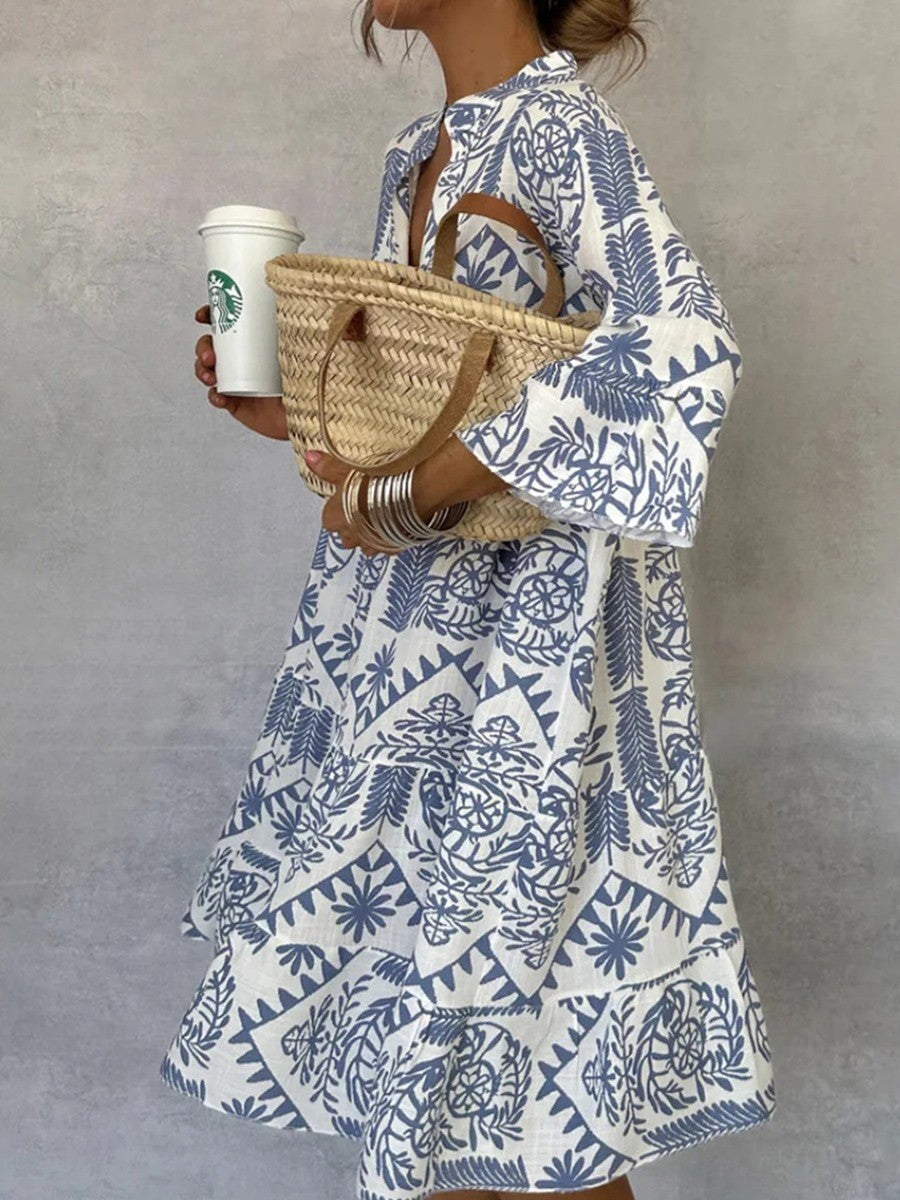 Women’s Mini Dress – Relaxed Fit – Tiered Skirt – V-Neck – 3/4 Sleeve – Breathable Blend