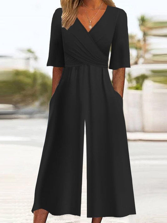 Women’s Jumpsuit – Relaxed Fit – Wrap V-Neck – Half Sleeve – Cropped Wide Leg – Breathable Blend