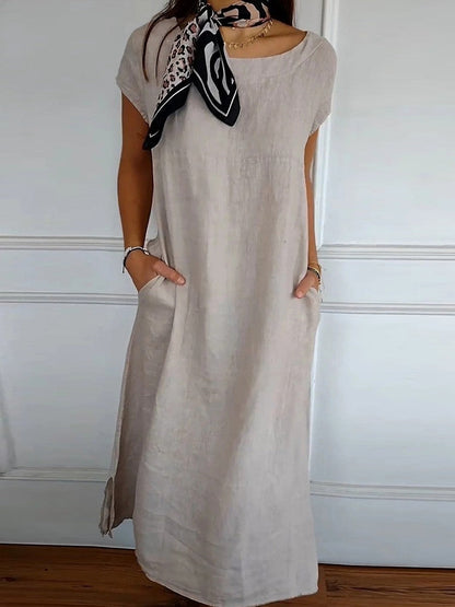 Women’s Midi Dress – Relaxed Fit – Short Sleeve – Round Neck – Breathable Blend