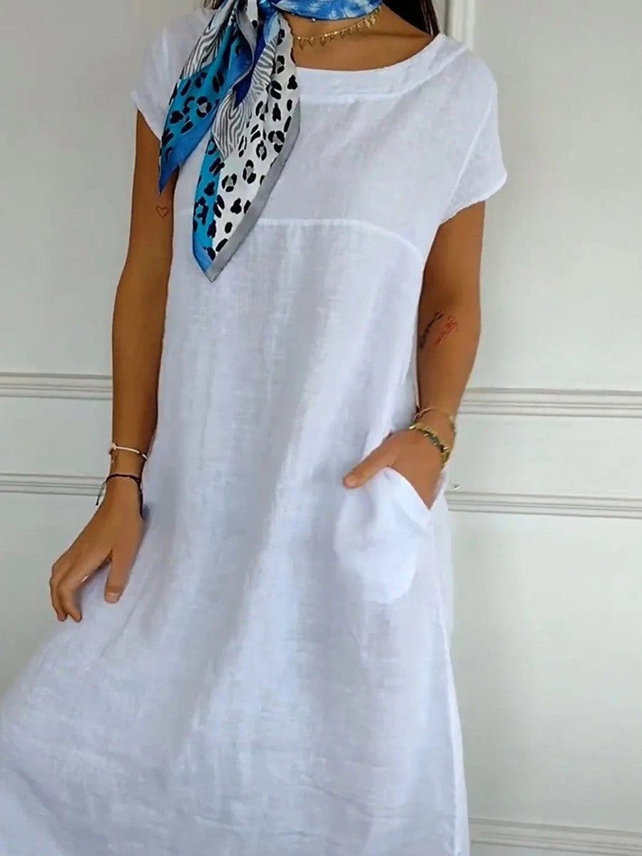 Women’s Midi Dress – Relaxed Fit – Short Sleeve – Round Neck – Breathable Blend