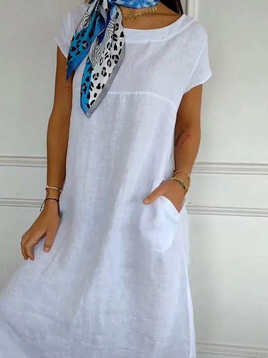 Women’s Midi Dress – Relaxed Fit – Short Sleeve – Round Neck – Breathable Blend