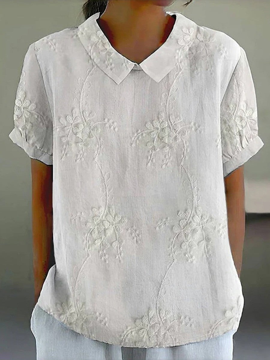 Women’s Blouse – Relaxed Fit – Short Sleeve – Floral Embossed – Breathable Blend