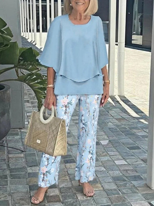 Women’s Two-Piece Set – Relaxed Fit – Layered Top – Floral Pants – Breathable Blend