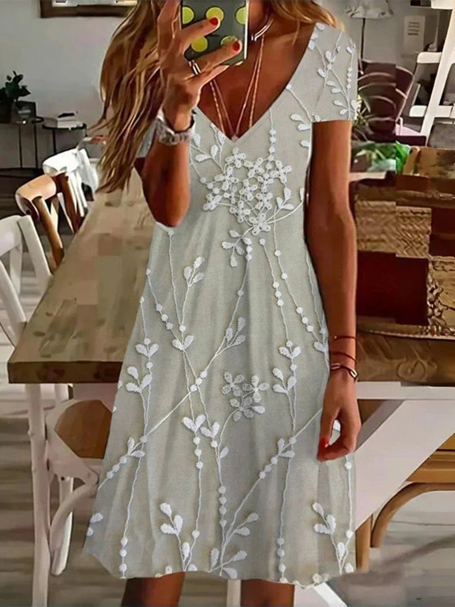 Women’s Mini Dress – A-Line Fit – V-Neck – Short Sleeve – Breathable Blend – Leaf Print
