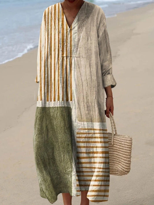 Women’s Maxi Dress – Natural Fibers – Relaxed Fit – V-Neck – Long Sleeve – Abstract Print