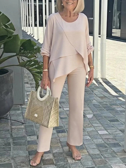 Women’s Two Piece Set – Soft Knit – Relaxed Fit – Layered Top – Full Length Pants