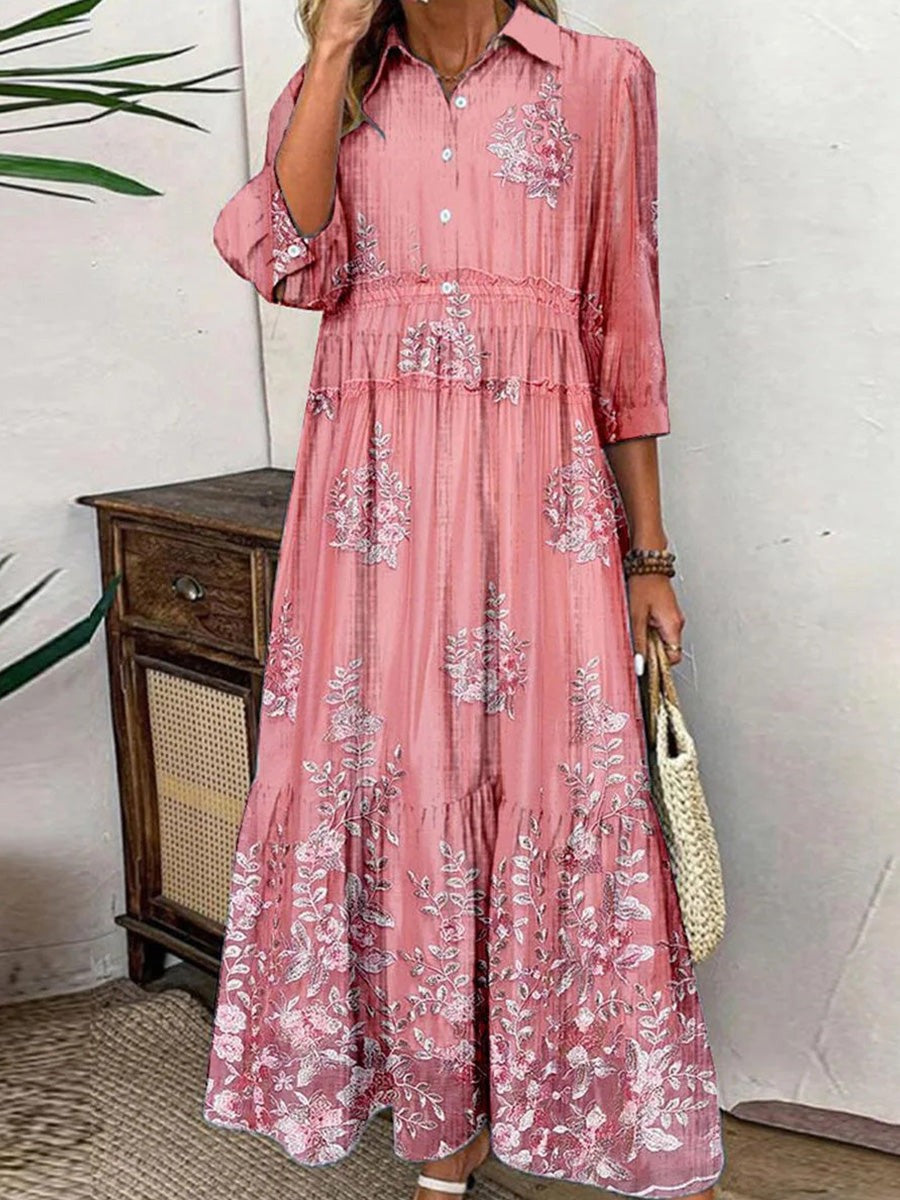 Women’s Maxi Dress – Breathable Blend – A-Line Fit – Tiered – 3/4 Sleeve – Collared