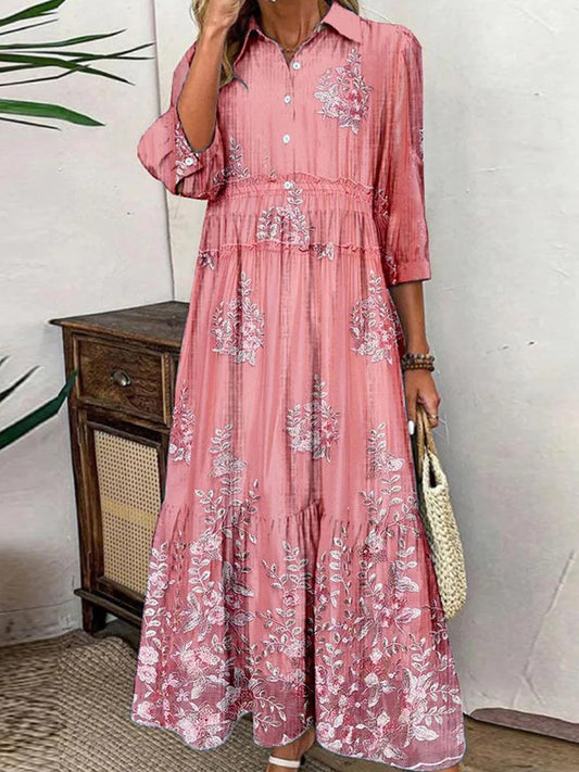 Women’s Maxi Dress – Breathable Blend – A-Line Fit – Tiered – 3/4 Sleeve – Collared