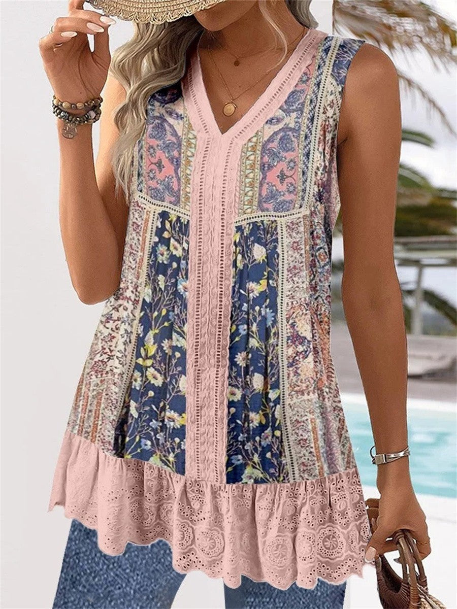 Women’s Sleeveless Top – V-Neck – Relaxed Fit – Boho Embroidery – Breathable Blend