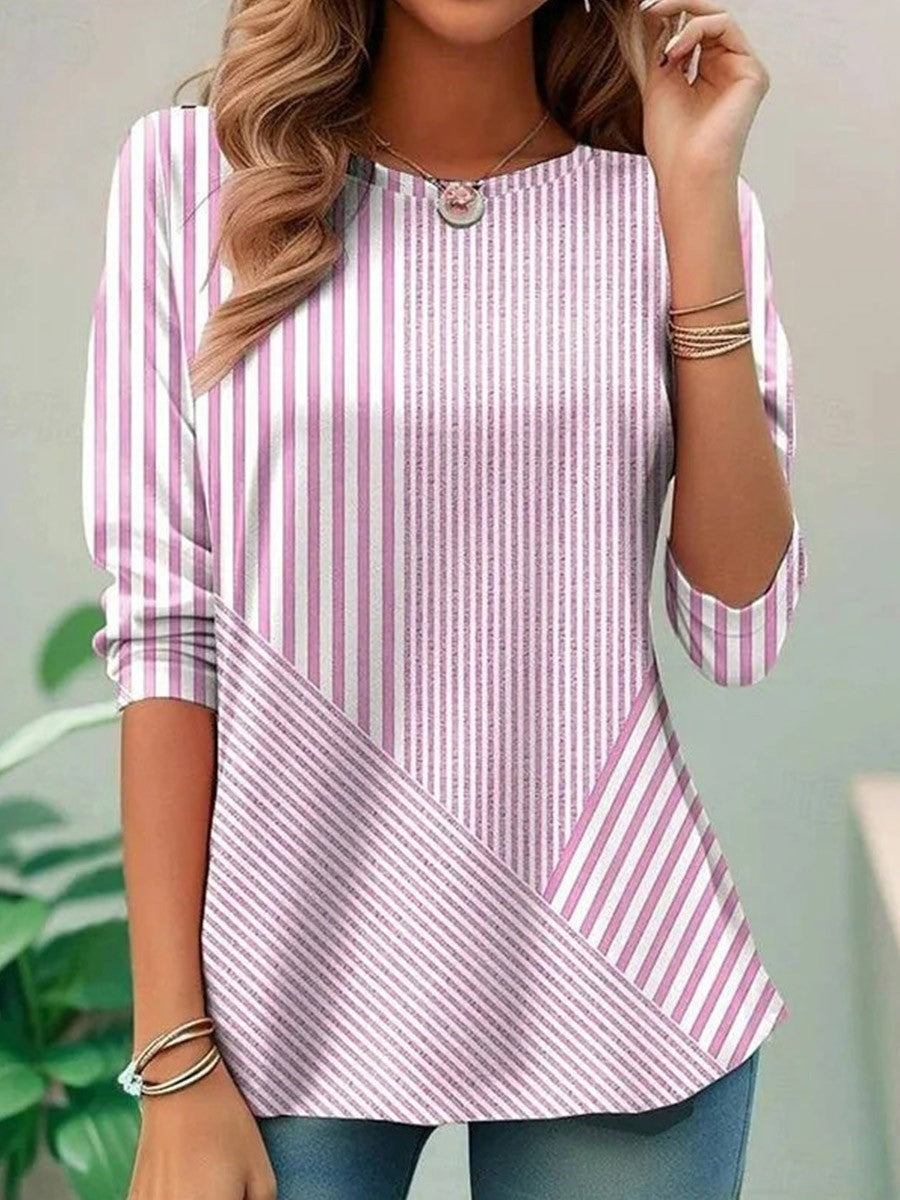 Women’s Long Sleeve T-Shirt – Relaxed Fit – Cotton – Geometric Stripe – Round Neckline